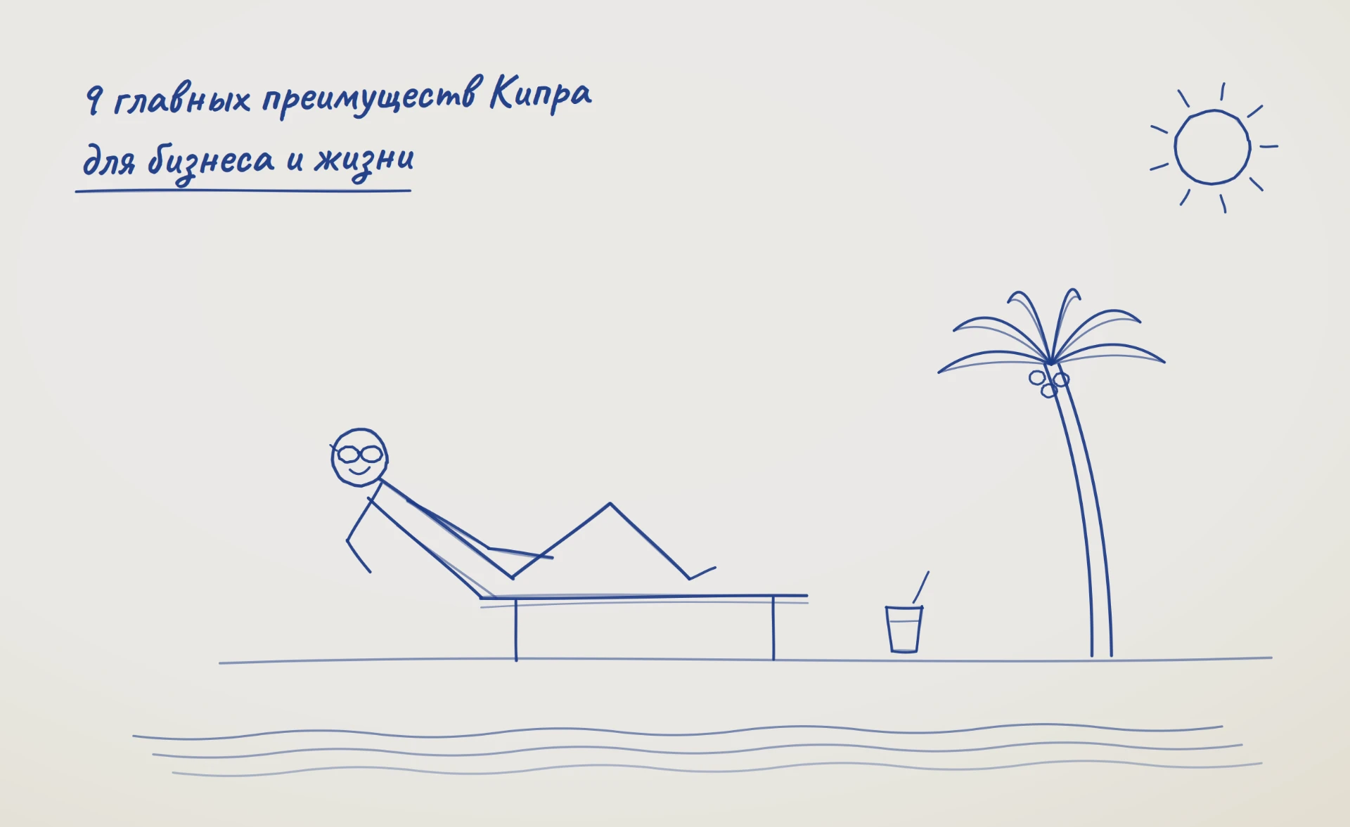 Преимущества Кипра для бизнеса: что даёт юрисдикция компании и её владельцу Иллюстрация: девять главных преимуществ Кипра для бизнеса и жизни — человек отдыхает у моря под пальмой